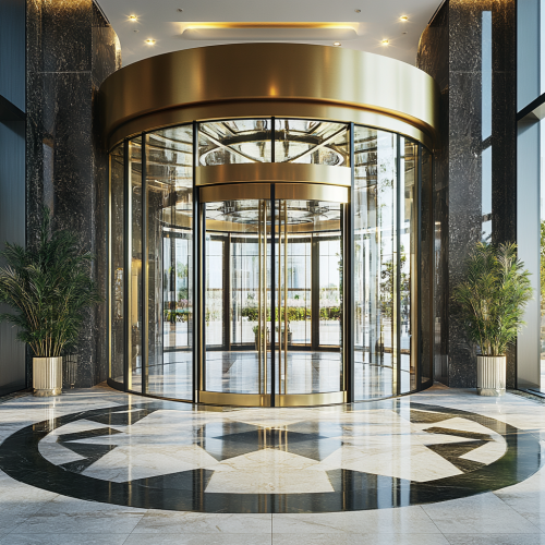 A stunning hotel entrance with revolving glass doors