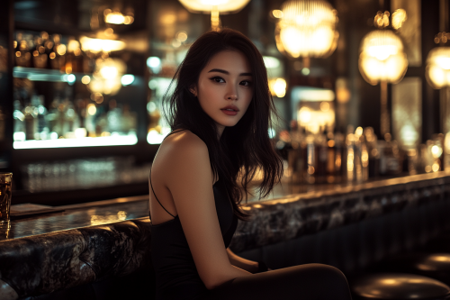 A stylish Japanese woman in a luxurious bar