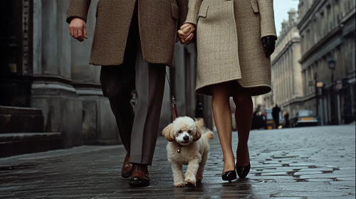 A stylish couple walking fancy poodles near London.