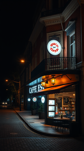 A stylized cafe and building on nighttime street.