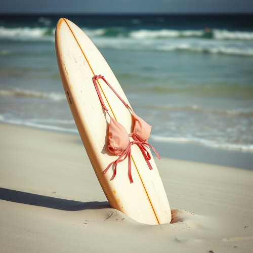 A surfboard in sand with bikini top draped.