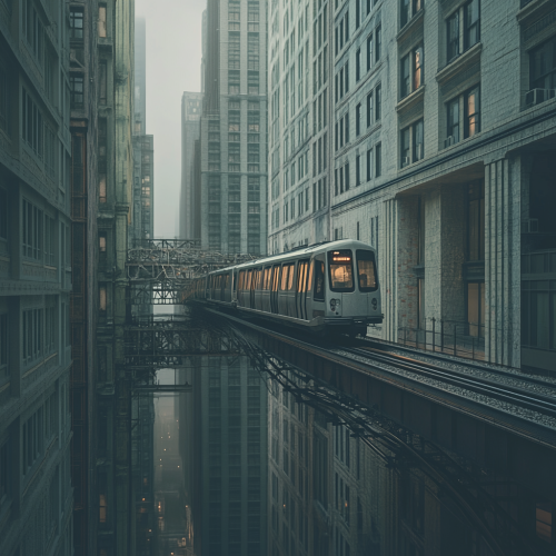 A surreal train passes through urban buildings
