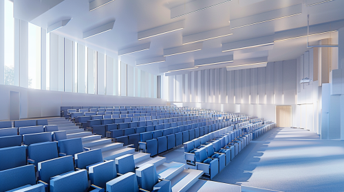 A symmetrical blue seat auditorium in bright light