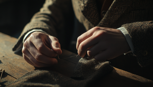 A tailor's hands sewing tweed jacket for Vogue.