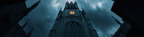 A tall gothic church on a gloomy day