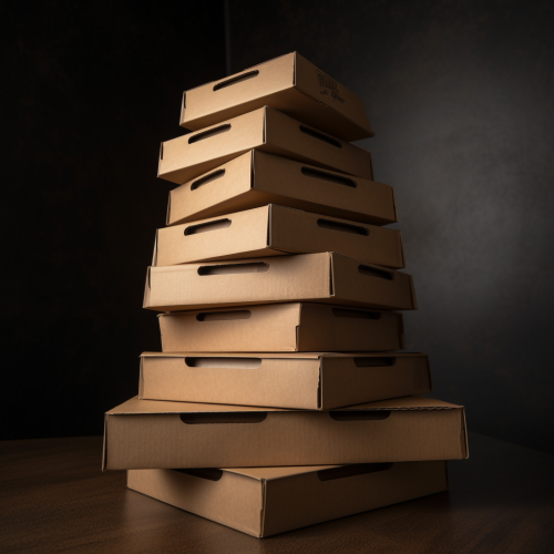 A tall tower of identical pizza boxes