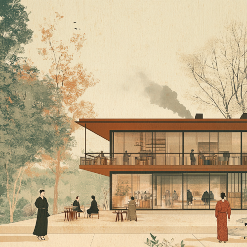 A tea house with people in robes