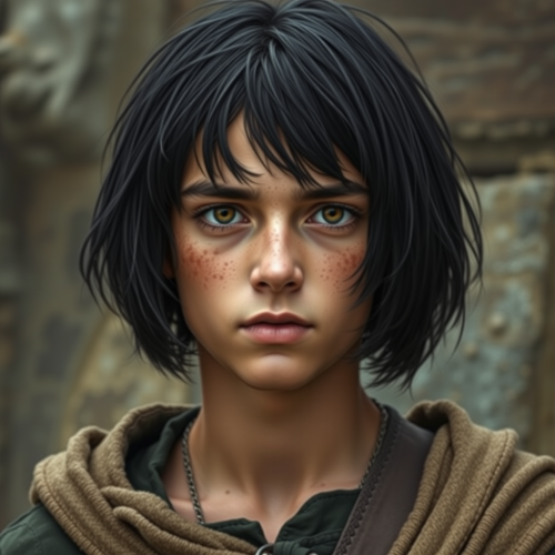 A teenage medieval boy with black hair and dirty face