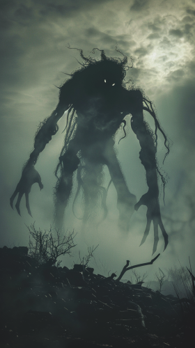 A terrifying creature in a dark, desolate landscape