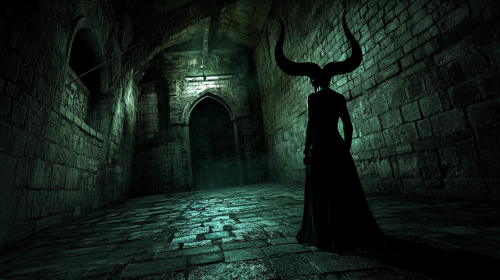 A terrifying woman with black horns in castle