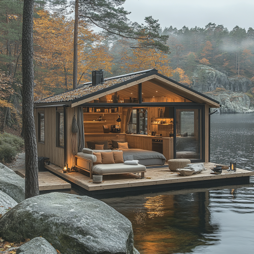 A tiny home with cozy interior on fjord
