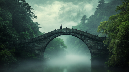 A tiny monk on ancient stone bridge in misty landscape
