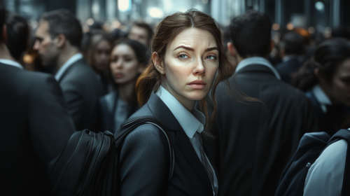 A tired executive woman in busy office scene