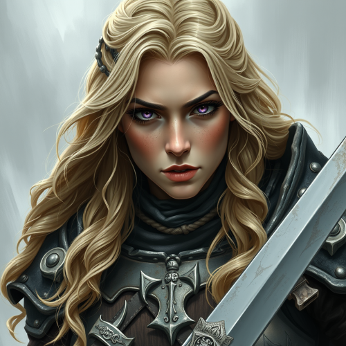 A tough medieval female warrior in full armor.