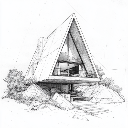 A triangle cabin with window curtains and mountain view. A triangle cabin with window curtains and mountain view.