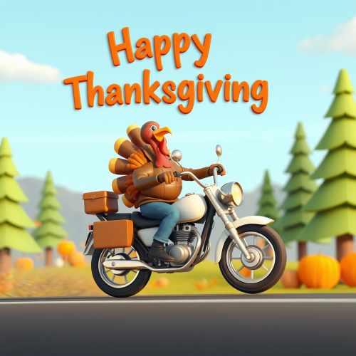 A turkey riding a motorcycle for Thanksgiving.