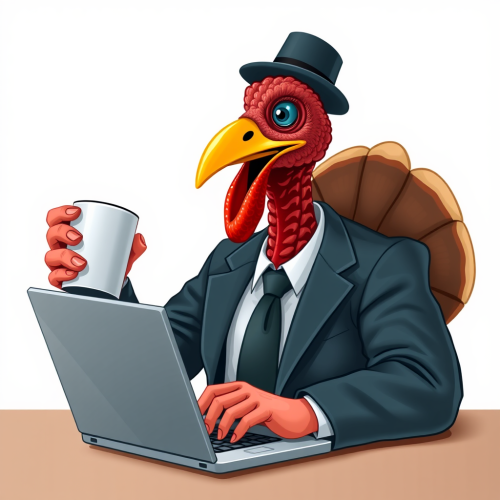 A turkey working in office on laptop screen.