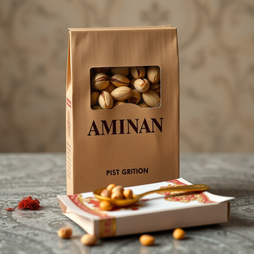 A vertical package with pistachios, Iranian carpet design.