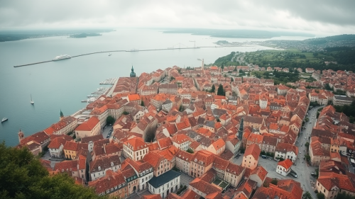 A view of a medieval harbor city.