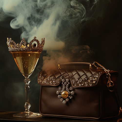 A vintage image of diamonds, gold crown, handbag, champagne. A vintage image of diamonds, gold crown, handbag, champagne.