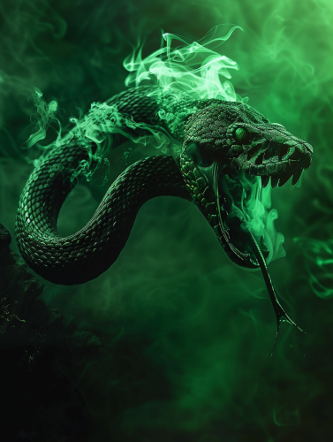 A viper snake coils around a skull, emitting mist
