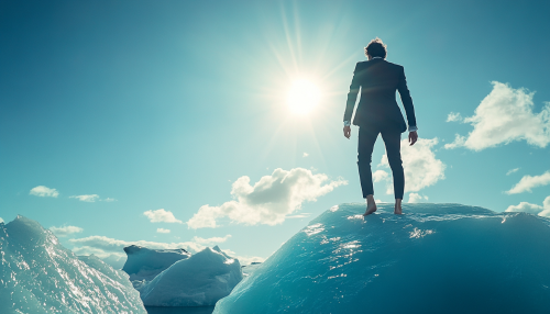 A well-dressed lawyer on iceberg in Alaska
