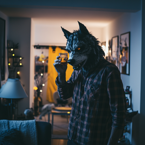 A werewolf man drinks in Halloween-decorated room.