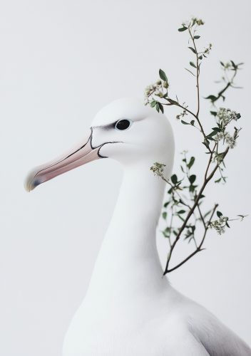 A white albatross holding small greenery in beak.