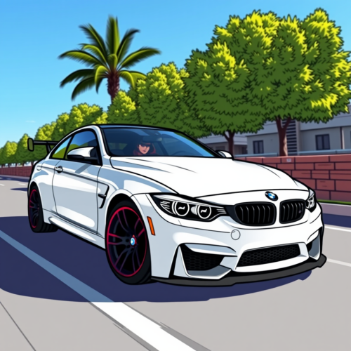 A white cartoon BMW car is stunning.