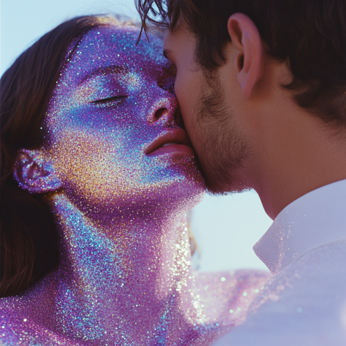 A white guy kisses glittery girl on neck