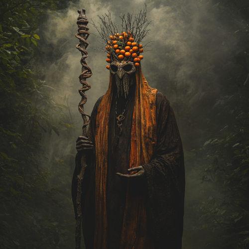 A wise sorcerer in mystical forest with lanterns