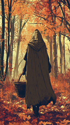 A witch walking in autumn forest with cloak