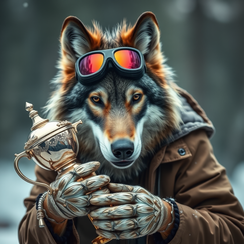 A wolf with goggles relaxes with its trophy.
