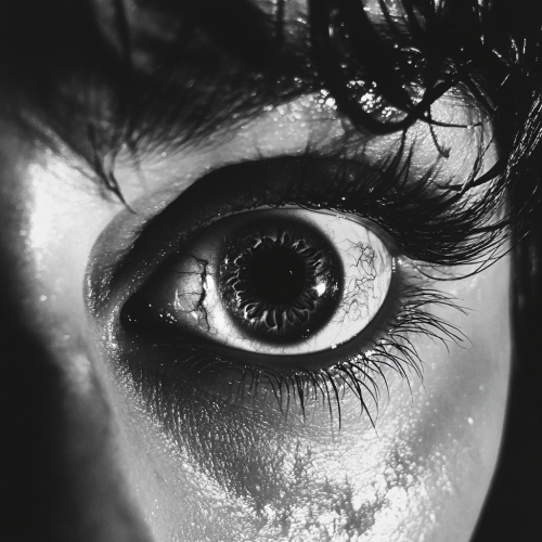 A woman's eye wide open in a glitchy picture.