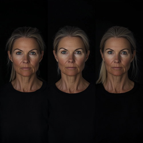 A woman ages gracefully through three portraits.