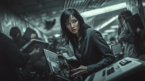 A woman breaks laptop with coworkers in line