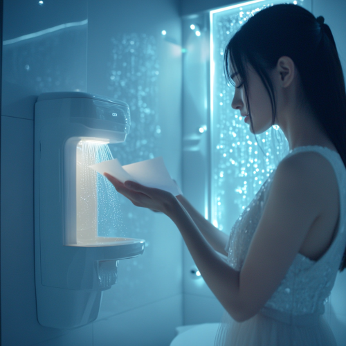 A woman catches spray from toilet dispenser