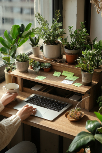 A woman decorates her desk for work.