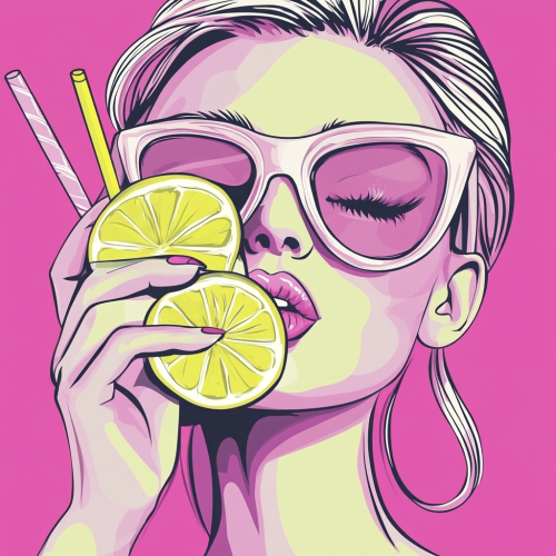 A woman drinks lemonade with bold outlines on pink