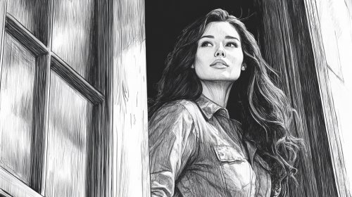 A woman exiting a building in pencil drawing