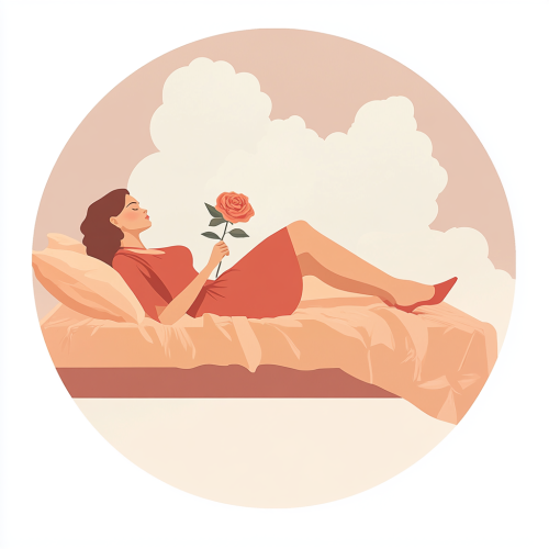 A woman holding a rose on bed