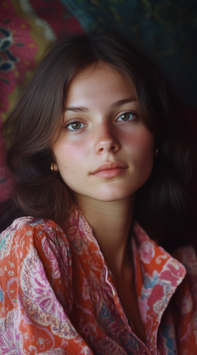 A woman in 1970s clothes looks at camera.