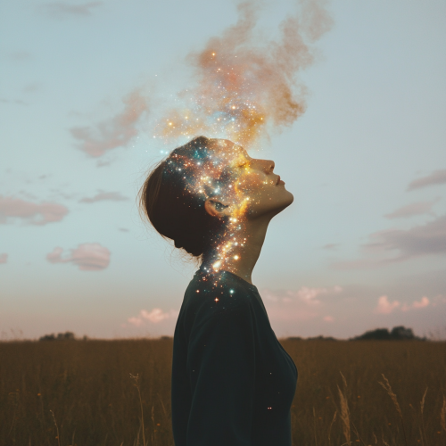 A woman in a field with stars emanating