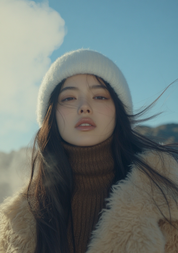 A woman in a hat and sweater in foggy setting