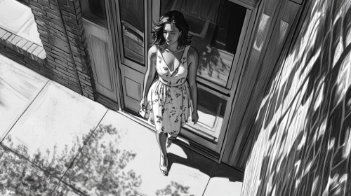 A woman in a summer dress leaving an apartment