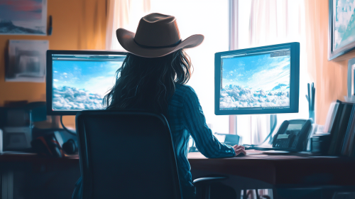 A woman in cowboy hat at desk with screens.