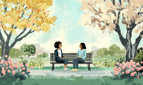 A woman in park with helper, feeling happy.