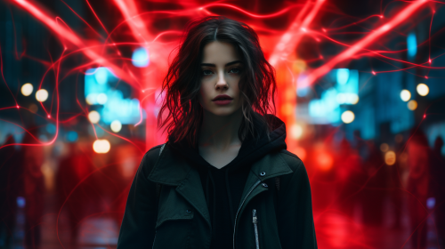 A woman in urban street at night.