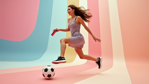 A woman jumping with soccer ball in dress.
