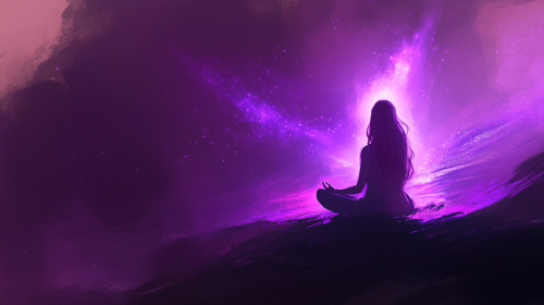 A woman meditates in a purple galaxy